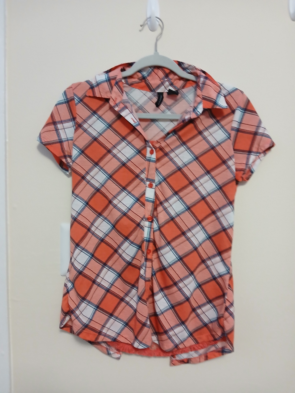 Orange Plaid Short-Sleeve Button-Up Blouse